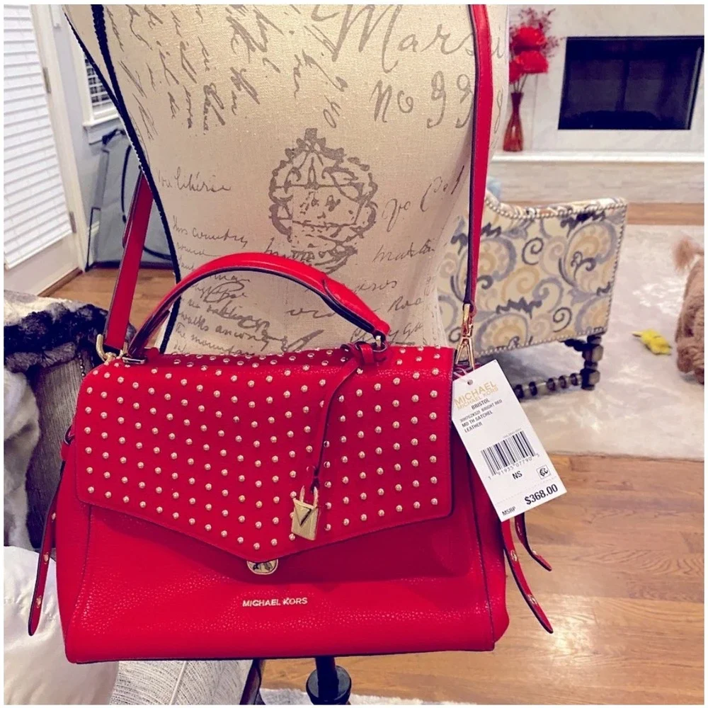 Michael Kors Bristol Bright Red Leather Satchel Studded Crossbody‎ Bag